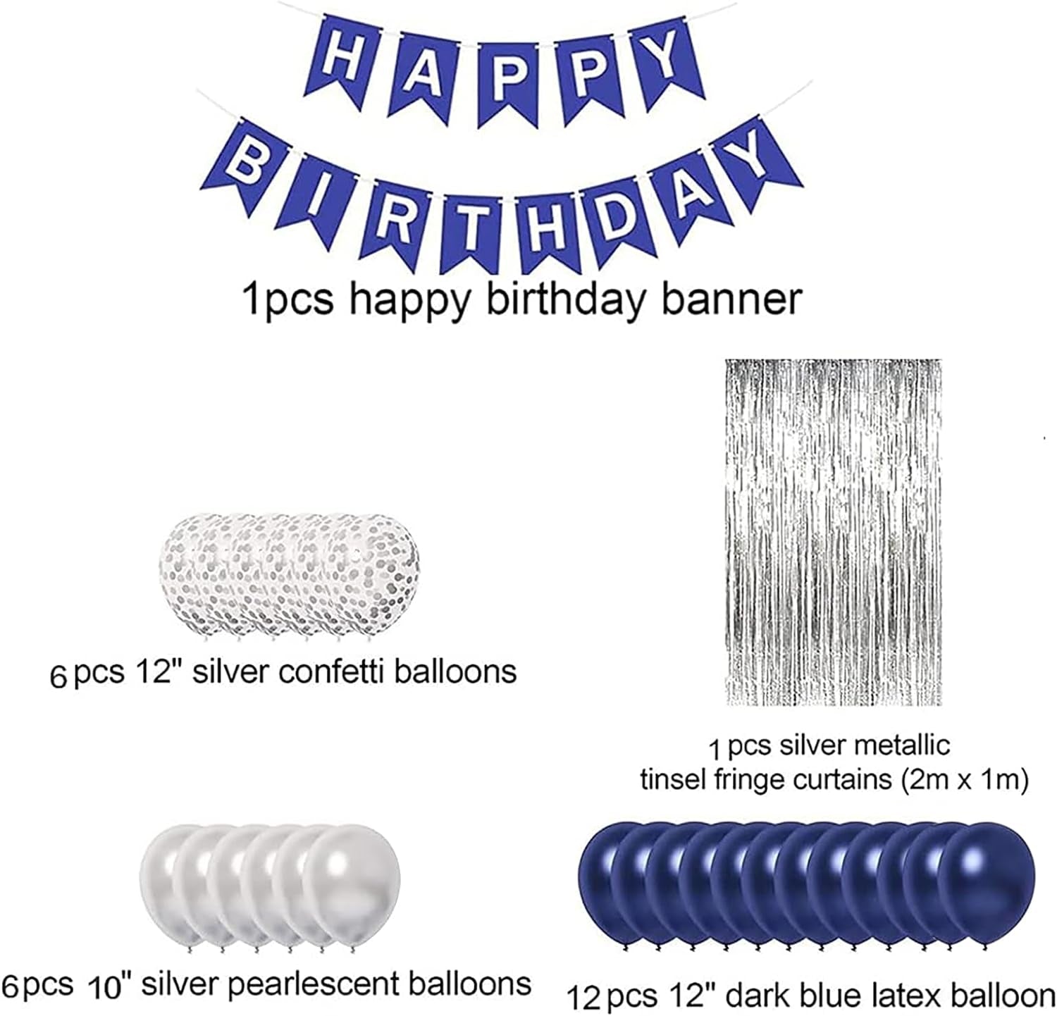 Blue Birthday Party Decorations,Happy Birthday Decorations for Men with Happy Birthday Banner Blue Silver Confetti Latex Balloons with Foil Fringe Curtains Birthday Decorations for Men Boys