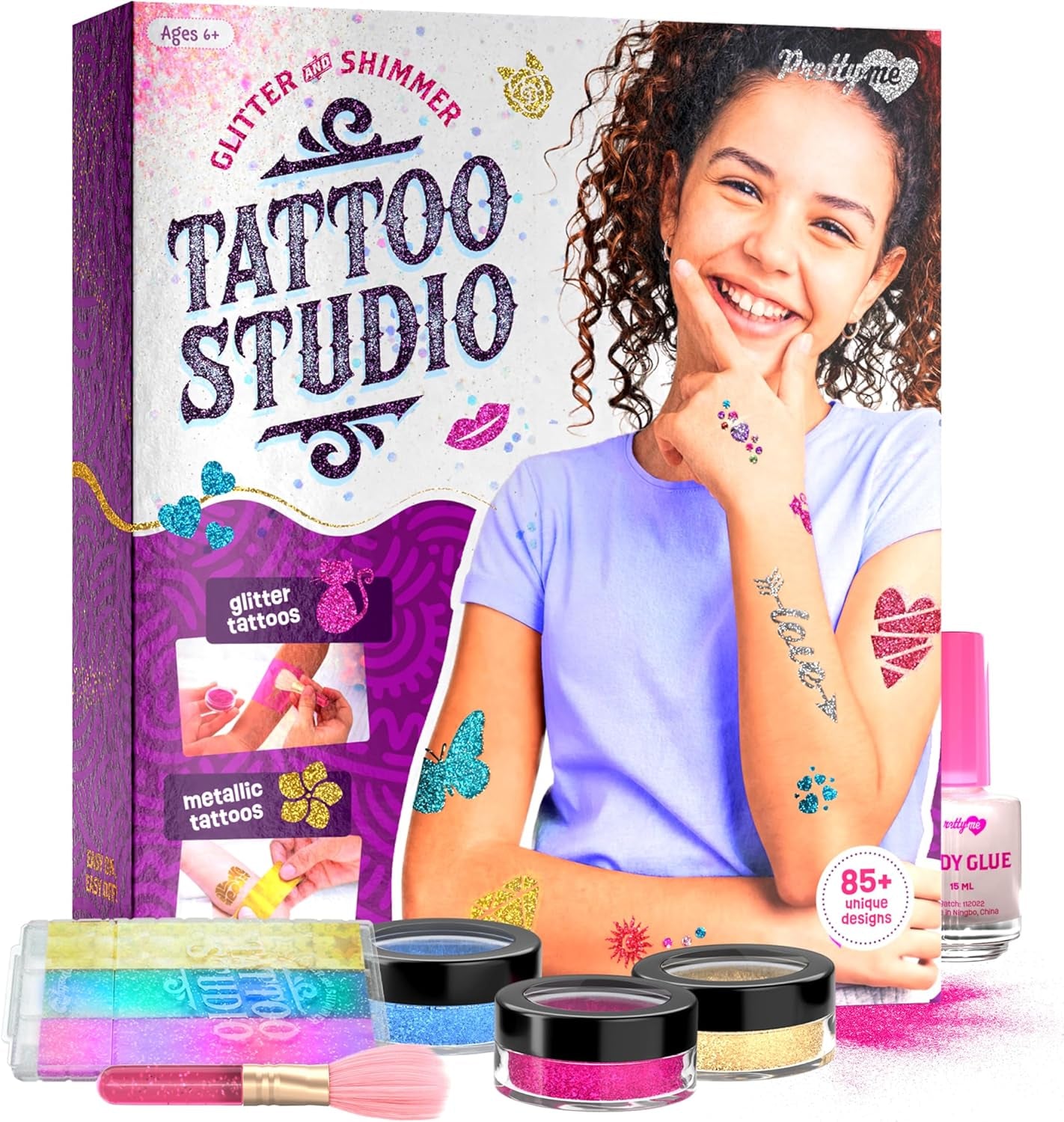 Temporary Shimmery Tattoo Studio Kit for Kids - Glitter & Metallic Fake Tattoos for Girls - Birthday Gift Ideas for Girl - Best Craft Kits Toys Stuff for Ages 6, 7, 8, 9, 10, 11 Year Old - Cool Gifts