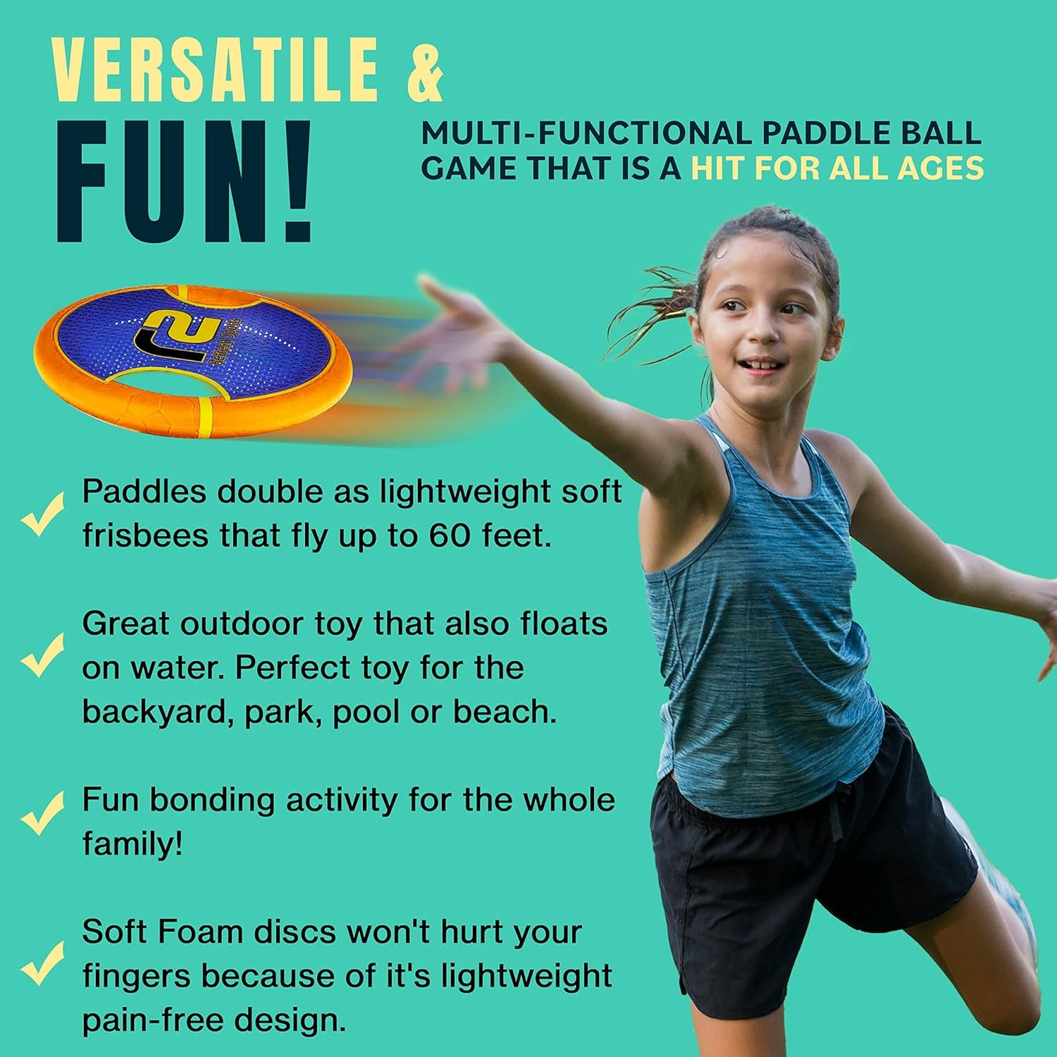 Bouncy Paddle Ball Game & Frisbee Disc: Outdoor Games for Kids Frisbees Toss and Catch Stringy Balls Set for Yard Games, Beach Games & Pool outside Toys for Kids All Ages. Toy Gifts for Boys & Girls