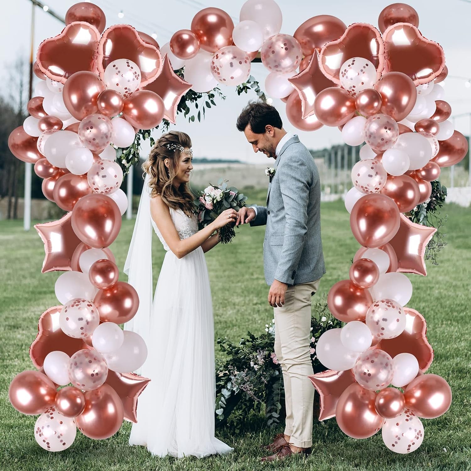 Rose Gold Birthday Decorations, 74Pcs Rose Gold White Balloons with Rosegold Confetti Balloons Curtain & Happy Birthday Banner for Girls Women Birthday Party Wedding Baby Shower