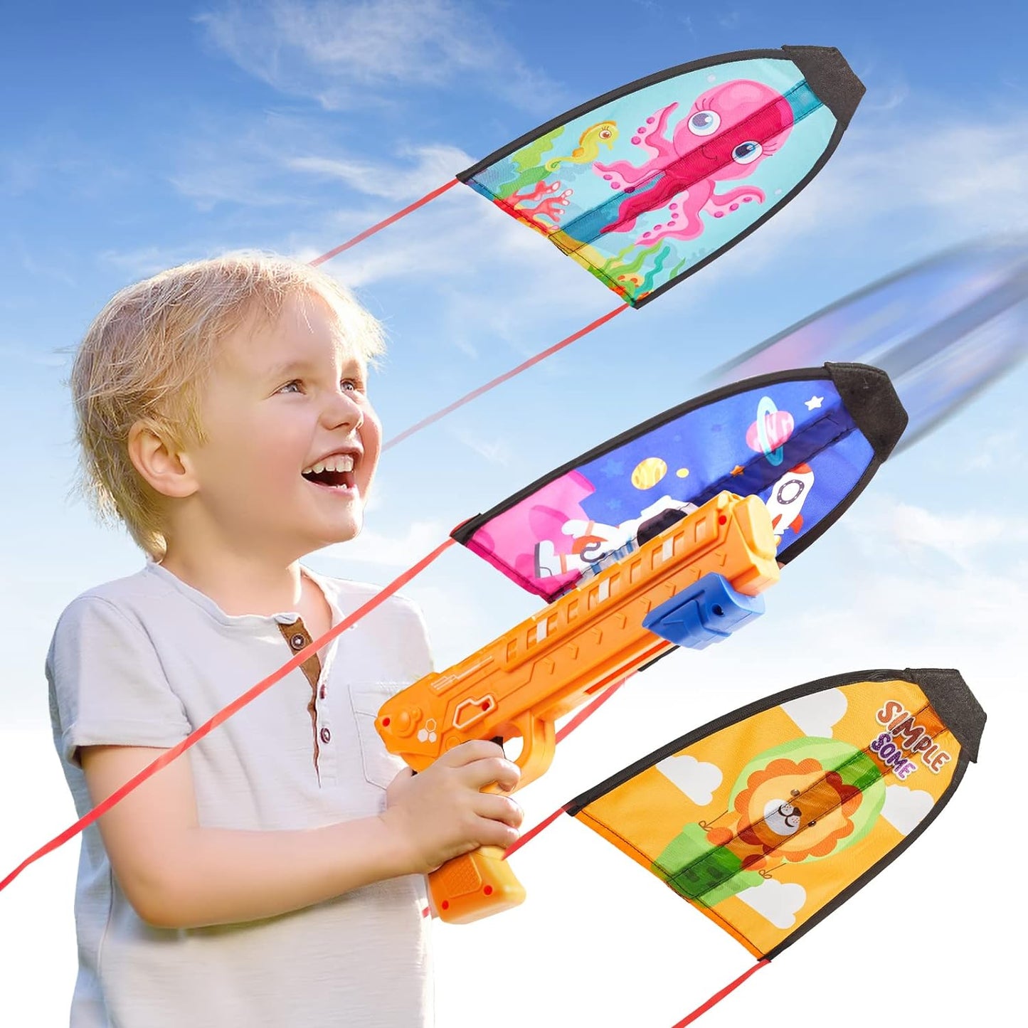 5 Year Old Boy Gift, Kite Launcher Toy Gun with 3 Pcs Kite Toy Set Outdoors Flying Toys Age 4 5 6 7 8+ Years Old Boys Girls Best Gift