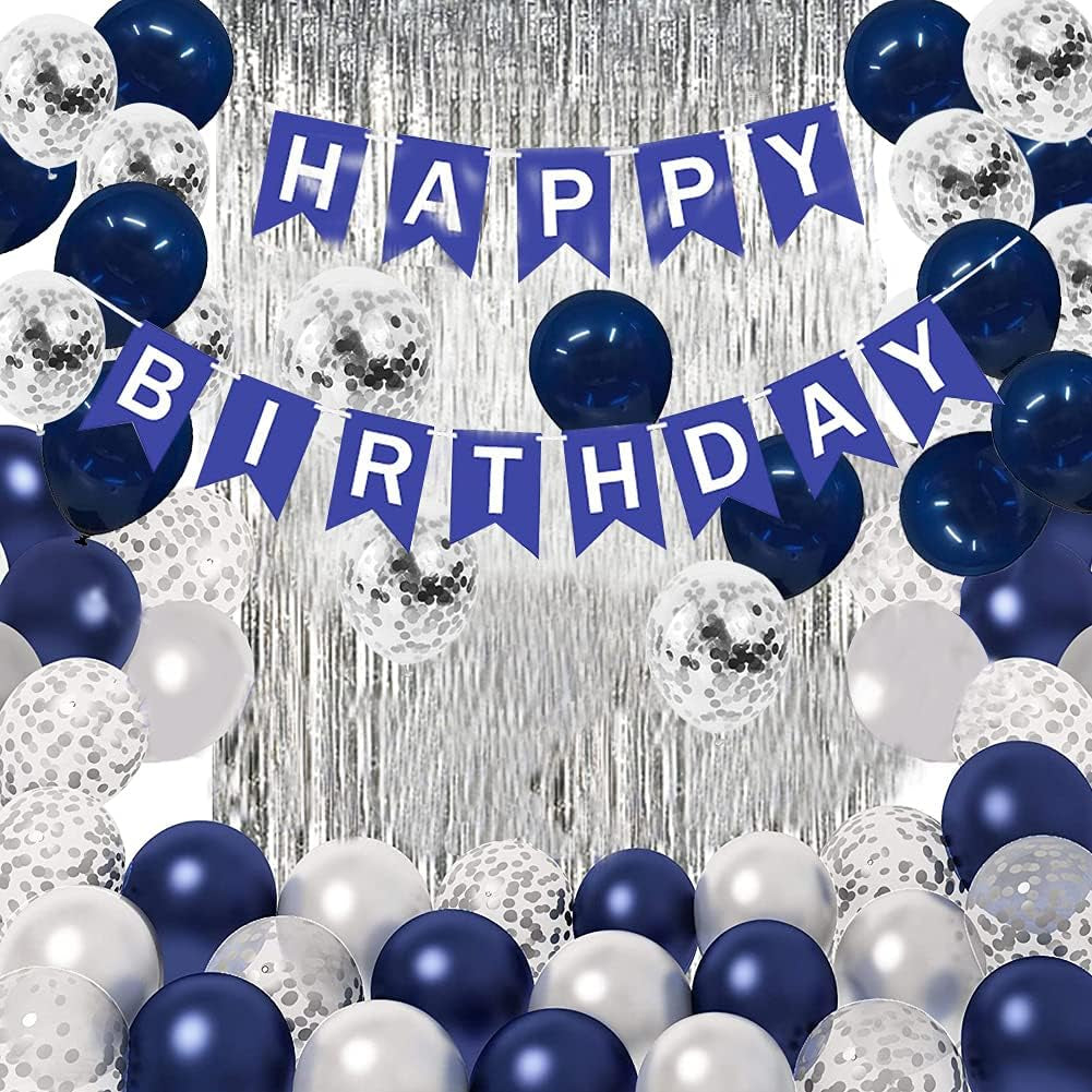 Blue Birthday Party Decorations,Happy Birthday Decorations for Men with Happy Birthday Banner Blue Silver Confetti Latex Balloons with Foil Fringe Curtains Birthday Decorations for Men Boys