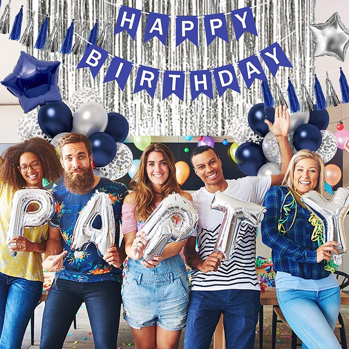 Blue Birthday Party Decorations,Happy Birthday Decorations for Men with Happy Birthday Banner Blue Silver Confetti Latex Balloons with Foil Fringe Curtains Birthday Decorations for Men Boys