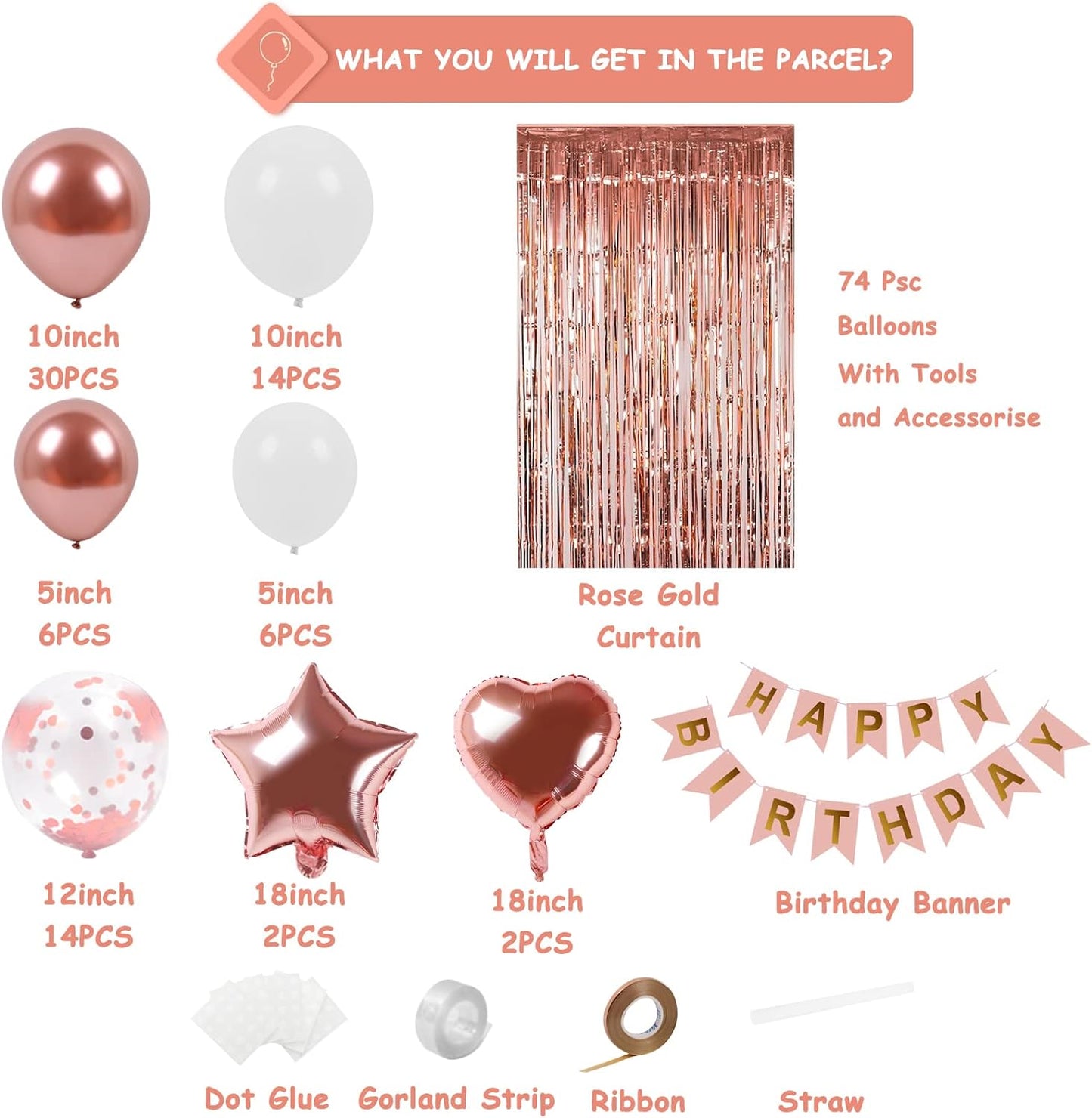 Rose Gold Birthday Decorations, 74Pcs Rose Gold White Balloons with Rosegold Confetti Balloons Curtain & Happy Birthday Banner for Girls Women Birthday Party Wedding Baby Shower