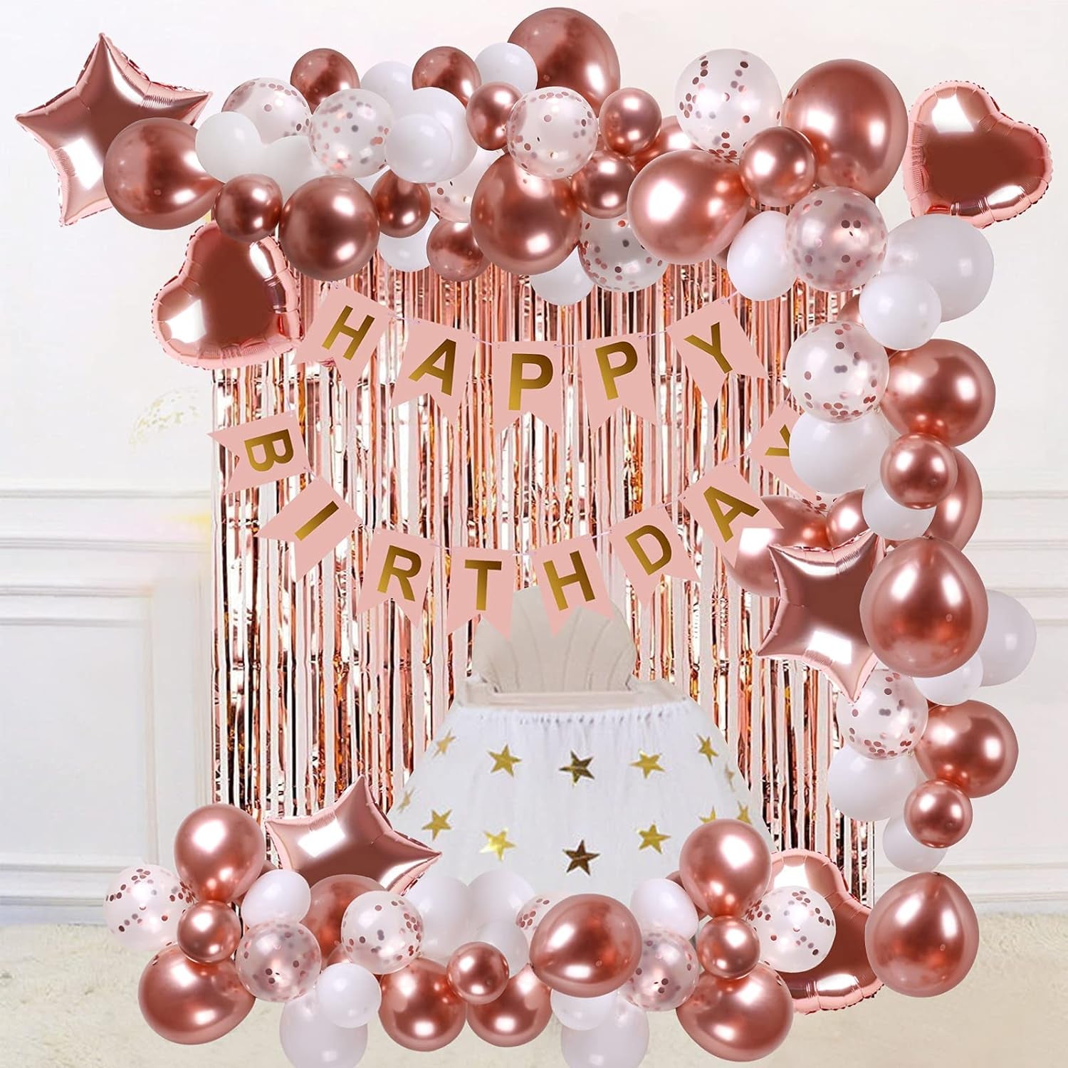 Rose Gold Birthday Decorations, 74Pcs Rose Gold White Balloons with Rosegold Confetti Balloons Curtain & Happy Birthday Banner for Girls Women Birthday Party Wedding Baby Shower