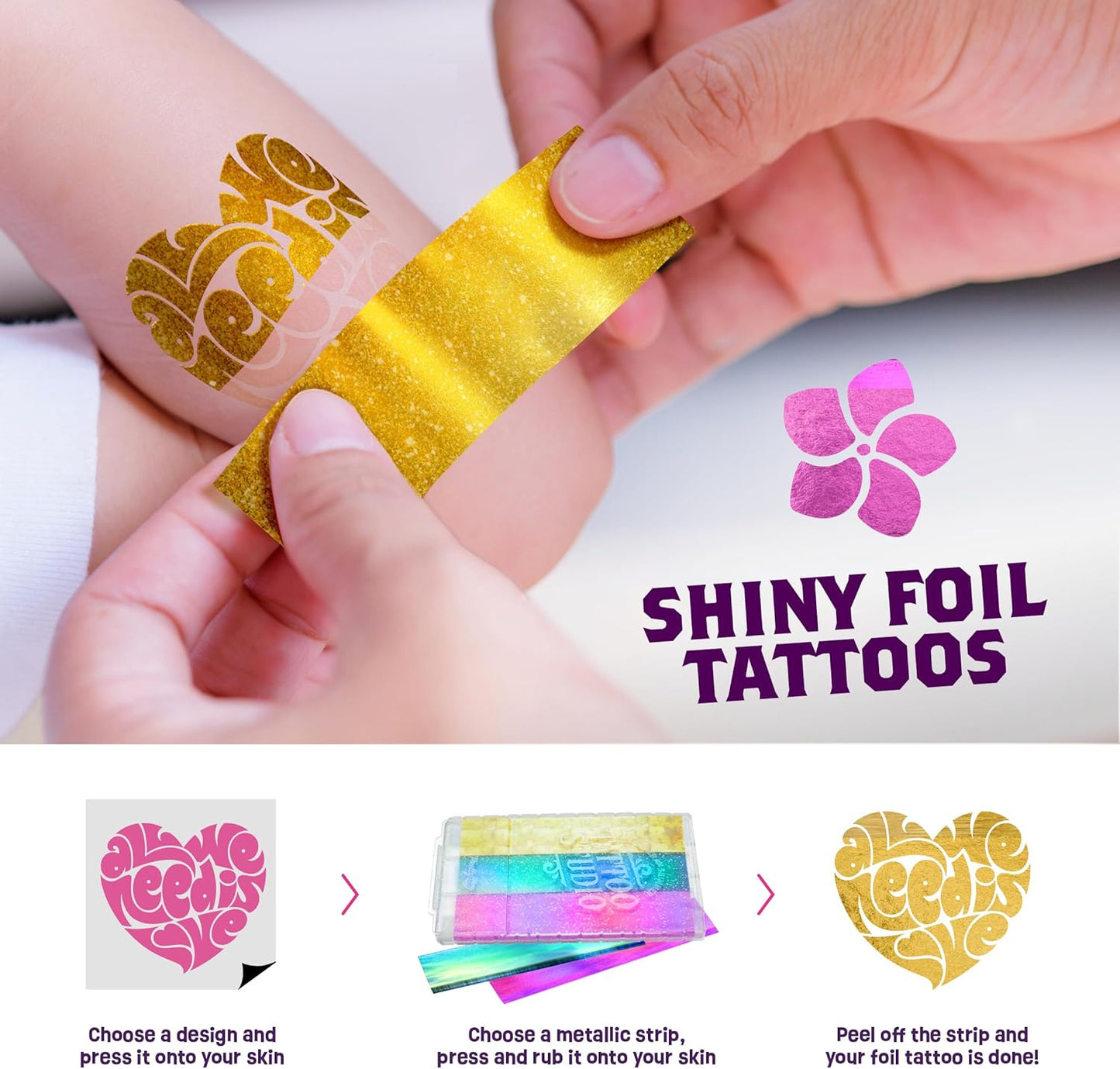 Temporary Shimmery Tattoo Studio Kit for Kids - Glitter & Metallic Fake Tattoos for Girls - Birthday Gift Ideas for Girl - Best Craft Kits Toys Stuff for Ages 6, 7, 8, 9, 10, 11 Year Old - Cool Gifts