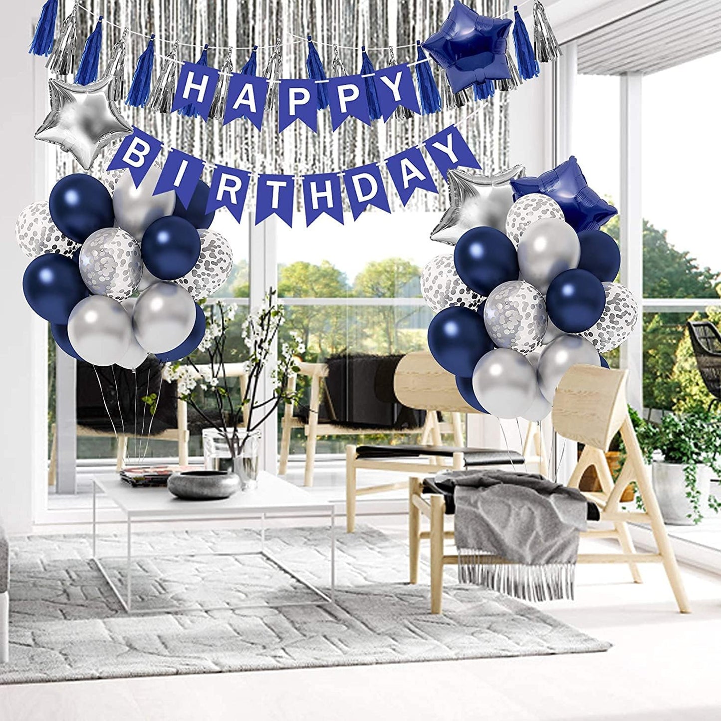 Blue Birthday Party Decorations,Happy Birthday Decorations for Men with Happy Birthday Banner Blue Silver Confetti Latex Balloons with Foil Fringe Curtains Birthday Decorations for Men Boys