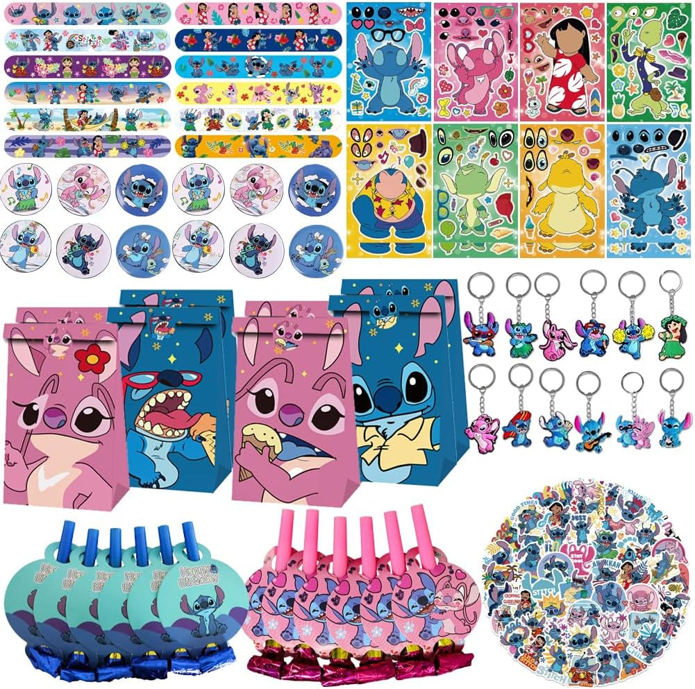 Stitch Party Supplies Gift Set, 122 PCS Stitch Stuff Birthday Party Supplies for Boys Girls, Including Slap Bracelets, Gift Bags, Party Blower, Keychain, DIY Sticker, Etc. (A)