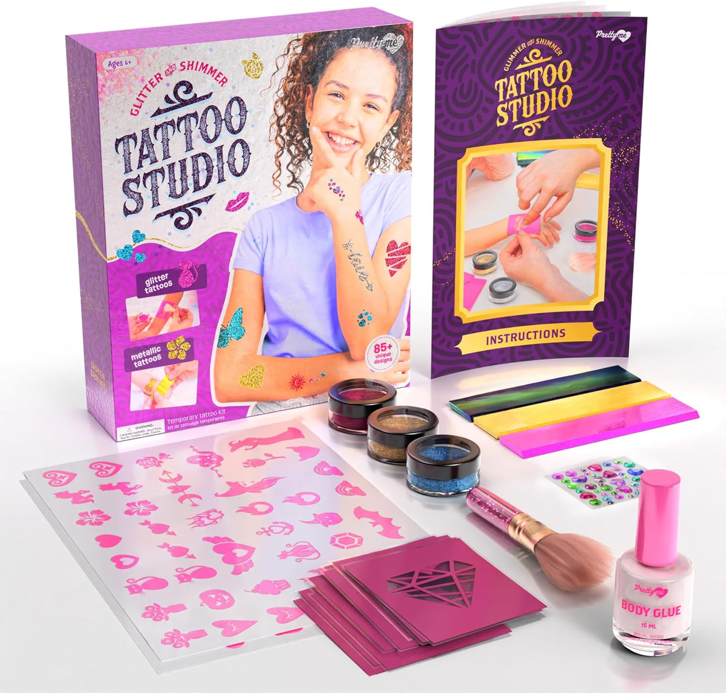 Temporary Shimmery Tattoo Studio Kit for Kids - Glitter & Metallic Fake Tattoos for Girls - Birthday Gift Ideas for Girl - Best Craft Kits Toys Stuff for Ages 6, 7, 8, 9, 10, 11 Year Old - Cool Gifts