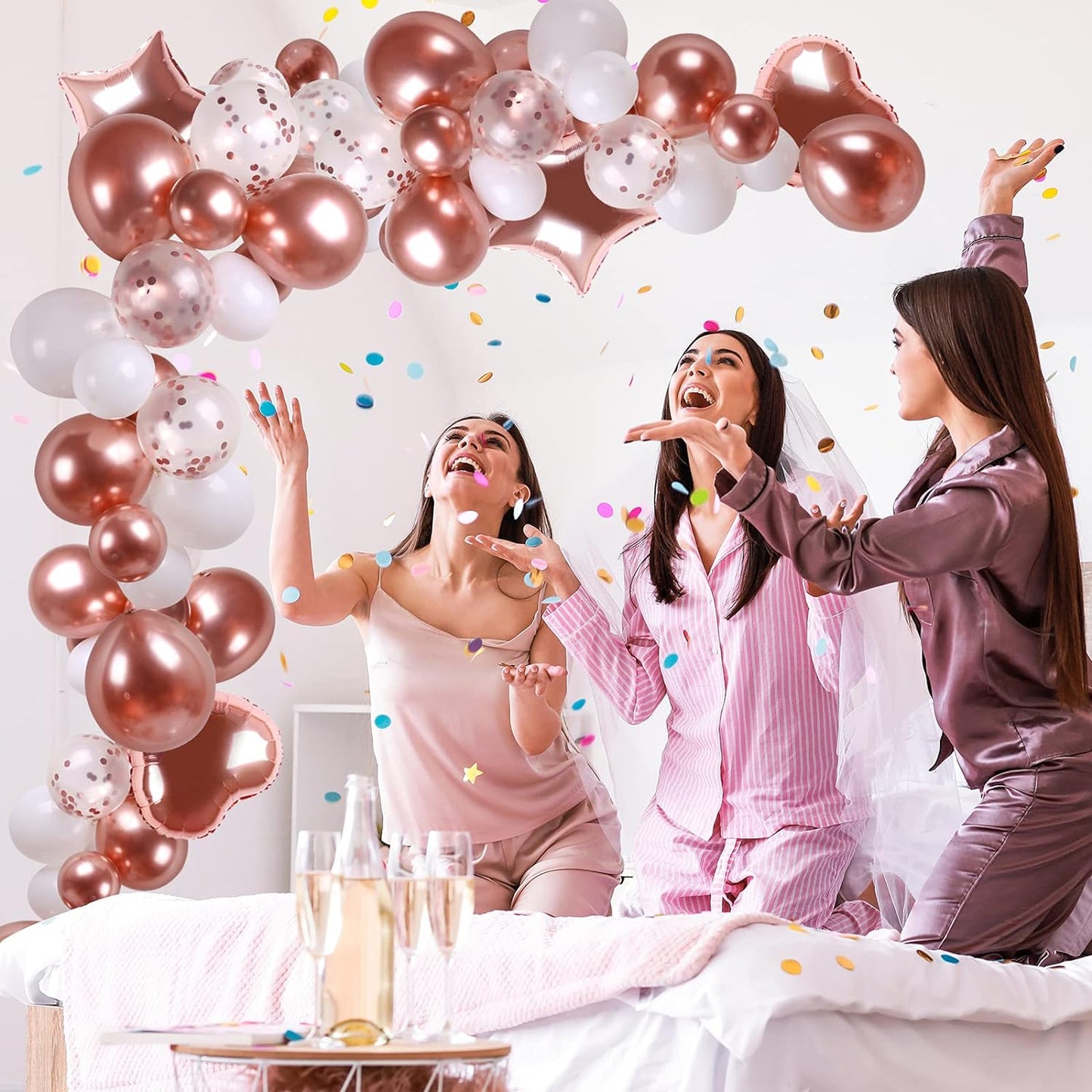 Rose Gold Birthday Decorations, 74Pcs Rose Gold White Balloons with Rosegold Confetti Balloons Curtain & Happy Birthday Banner for Girls Women Birthday Party Wedding Baby Shower