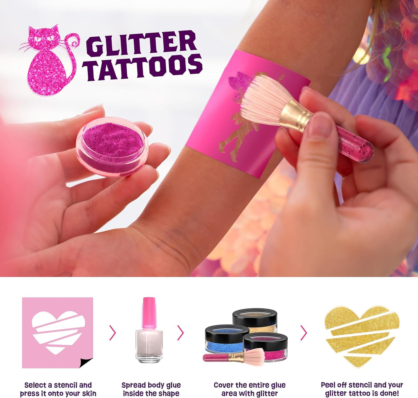 Temporary Shimmery Tattoo Studio Kit for Kids - Glitter & Metallic Fake Tattoos for Girls - Birthday Gift Ideas for Girl - Best Craft Kits Toys Stuff for Ages 6, 7, 8, 9, 10, 11 Year Old - Cool Gifts