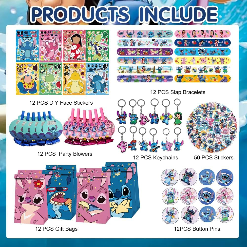 Stitch Party Supplies Gift Set, 122 PCS Stitch Stuff Birthday Party Supplies for Boys Girls, Including Slap Bracelets, Gift Bags, Party Blower, Keychain, DIY Sticker, Etc. (A)