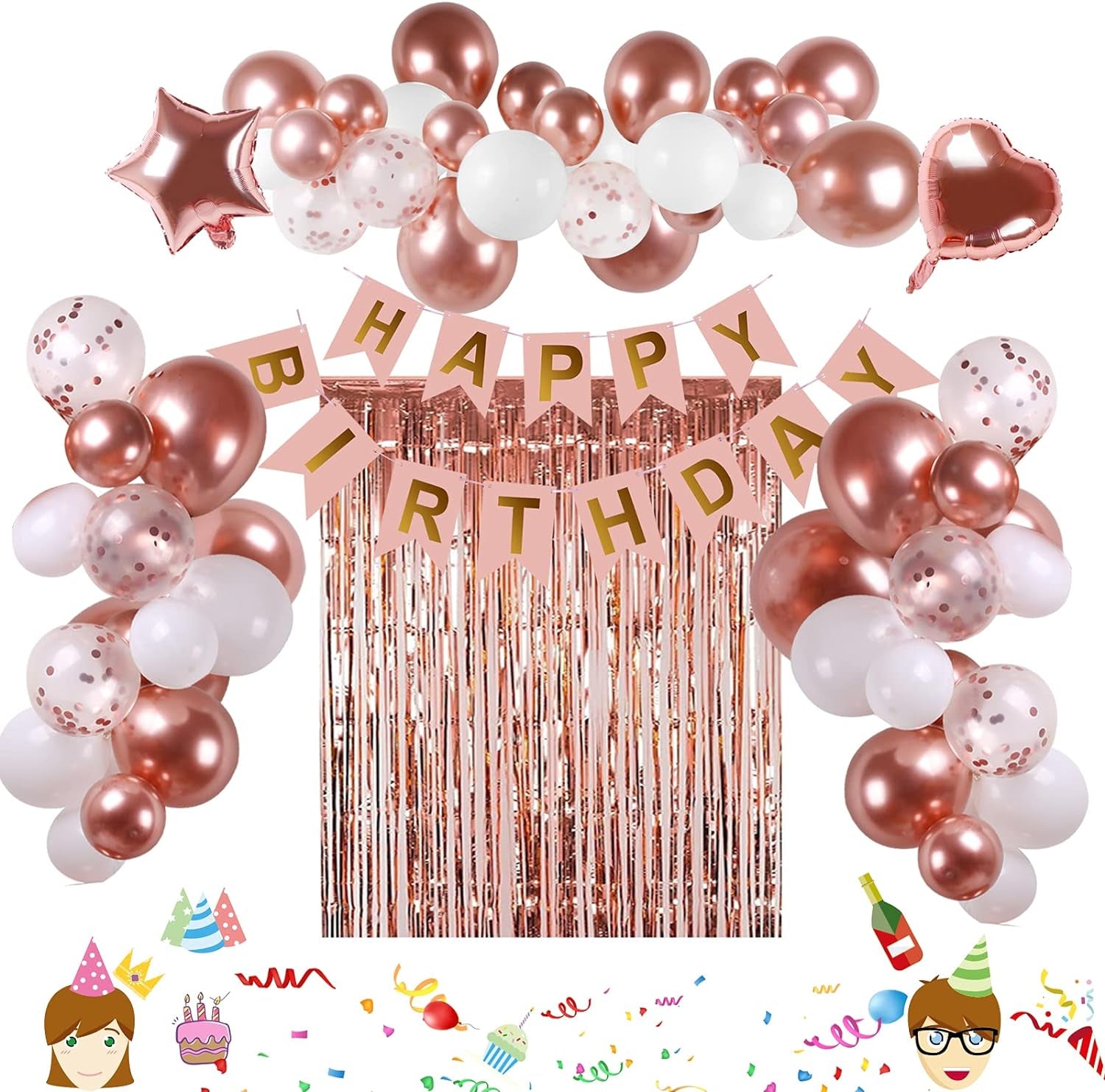 Rose Gold Birthday Decorations, 74Pcs Rose Gold White Balloons with Rosegold Confetti Balloons Curtain & Happy Birthday Banner for Girls Women Birthday Party Wedding Baby Shower