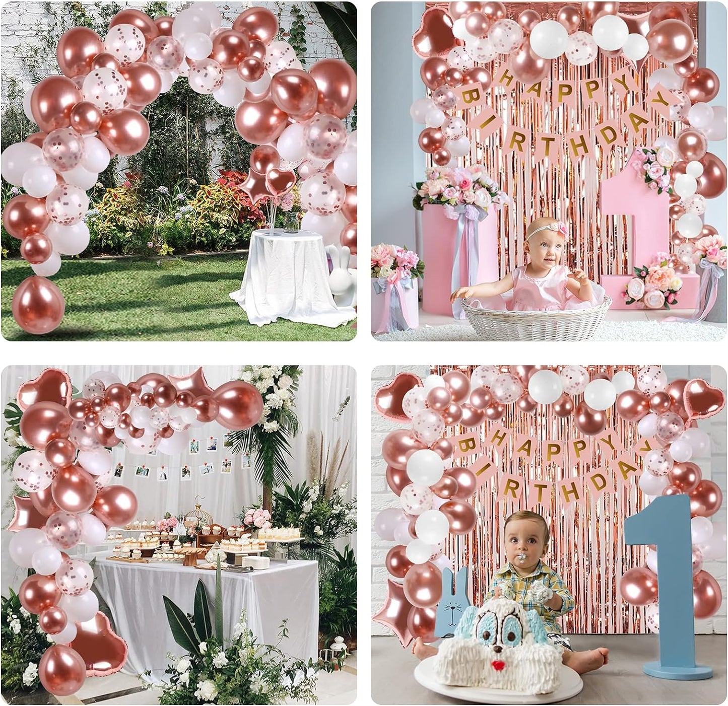 Rose Gold Birthday Decorations, 74Pcs Rose Gold White Balloons with Rosegold Confetti Balloons Curtain & Happy Birthday Banner for Girls Women Birthday Party Wedding Baby Shower