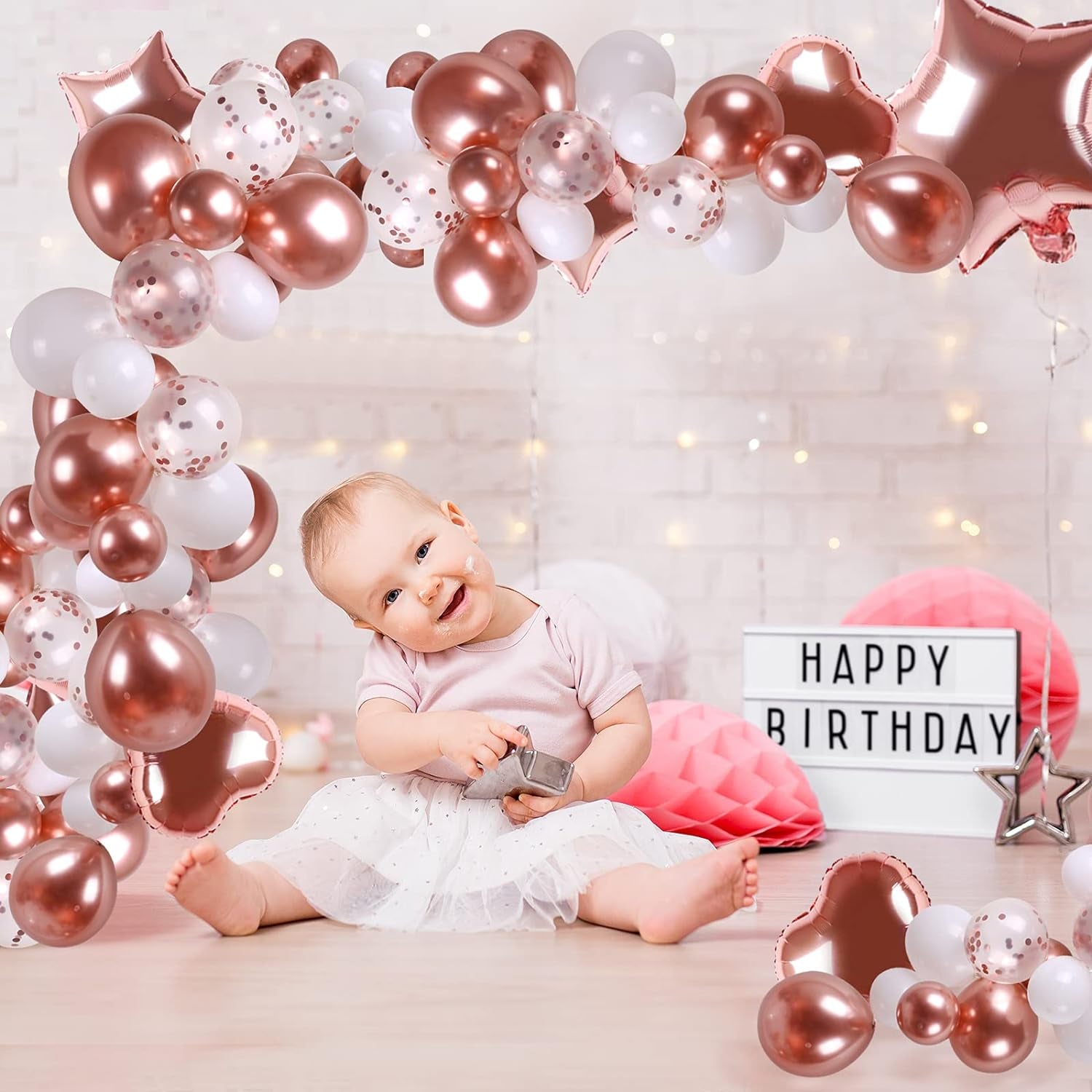 Rose Gold Birthday Decorations, 74Pcs Rose Gold White Balloons with Rosegold Confetti Balloons Curtain & Happy Birthday Banner for Girls Women Birthday Party Wedding Baby Shower